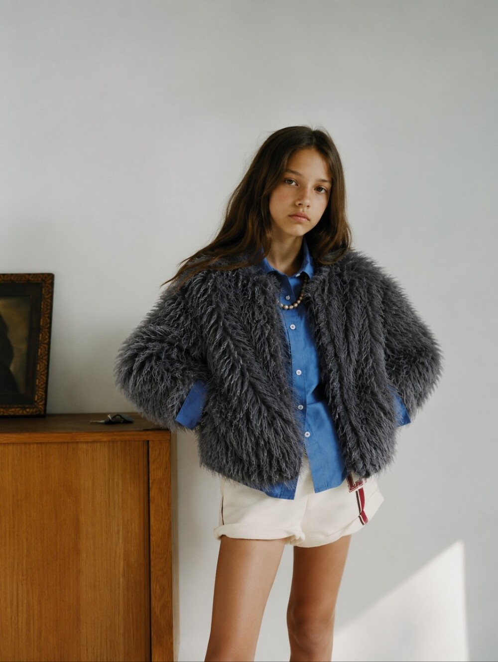 Zara Girls Gray Teddy Faux Fur Jacket Cozy Shaggy Coat Size 11-12Y